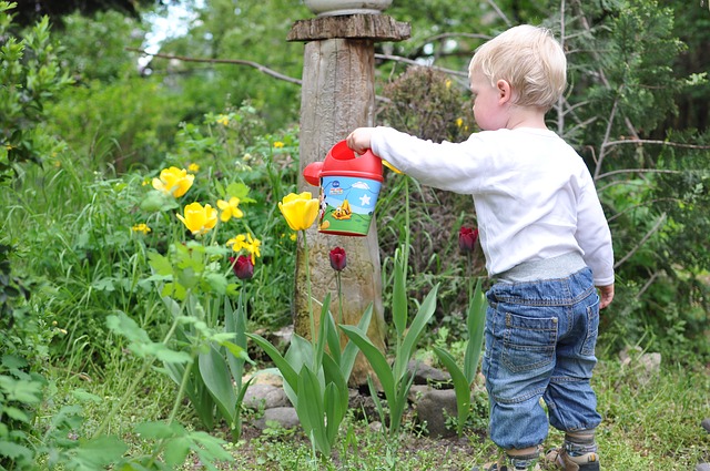 enfant qui arrose des fleurs